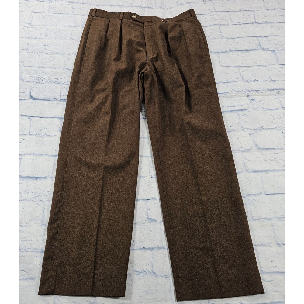 Lands End Pleated Wool Trousers MENS 35 Brown Straight Leg Casual Slacks VINTAGE